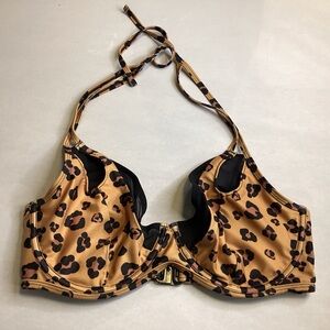 WOLF & WHISTLE HALTER Leopard Print / Black Mesh Underwire Bikini Top SZ 38DDDD